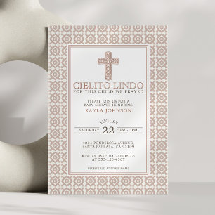 Convite Cielito Lindo Neutro Religioso Floral Cruz Bege
