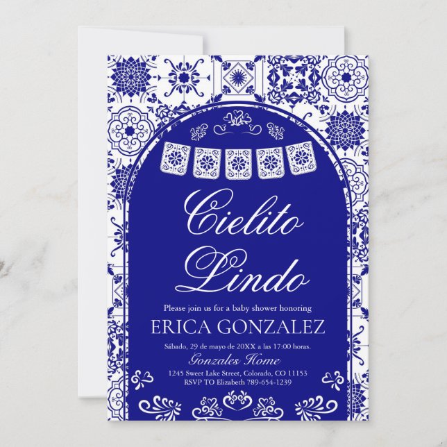 Convite Cielito Lindo Papel Picado Boy Baby Shower Navy (Frente)