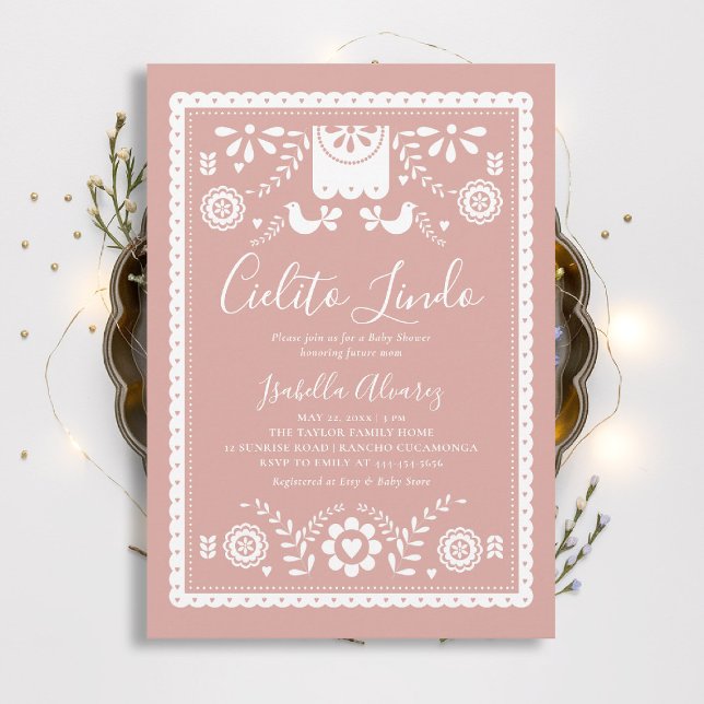 Convite Cielito Lindo Pink Papel Picado Baby Shower (cielito lindo baby shower invitation mexican papel picado pink rancho fiesta elegant classy)