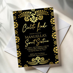 Convite Cielito lindo preto dourado festa de 16 anos mexic