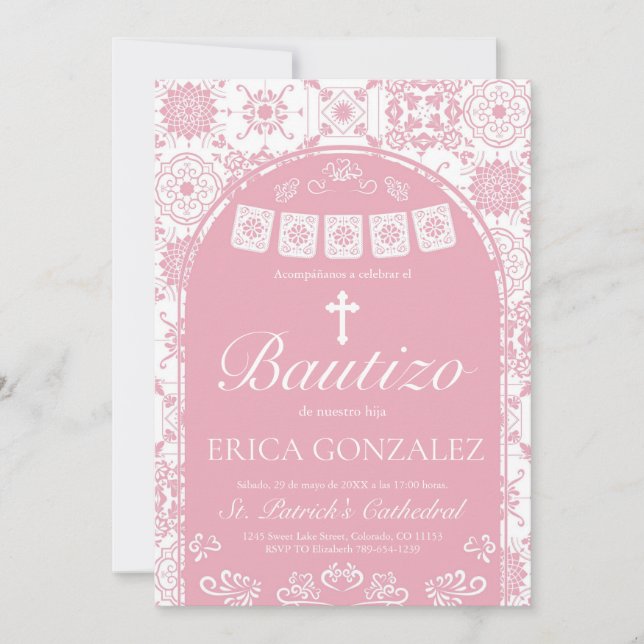 Convite Cielito Lindo Rosa Corado Bautizo Talavera (Frente)