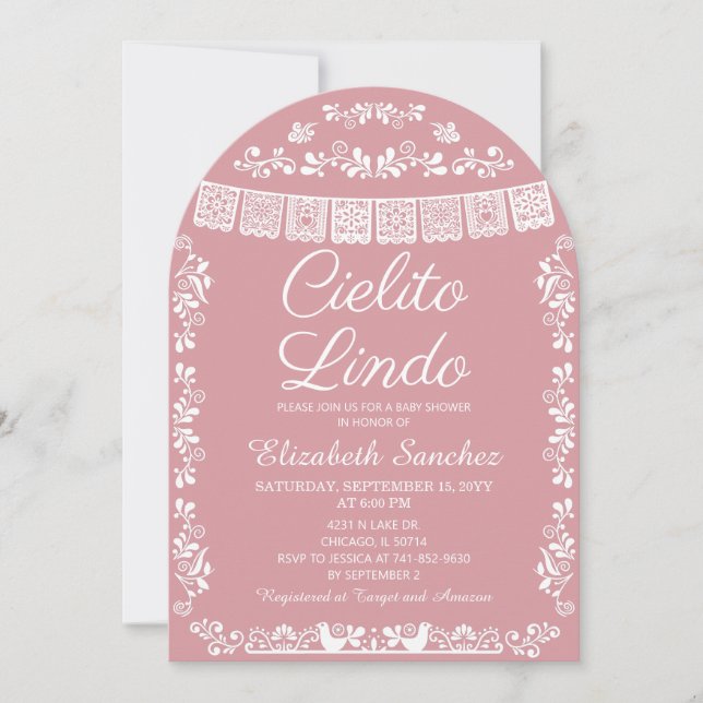 Convite Cielito Lindo Rosa Corado Papel Picado Baby Shower (Frente)