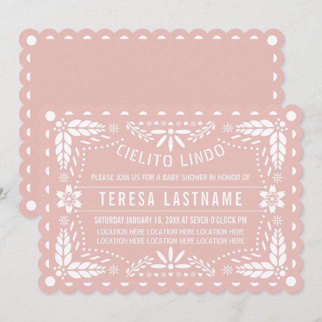 Convite Cielito Lindo rosa ouro papel picado chá de fralda (Frente/Verso)
