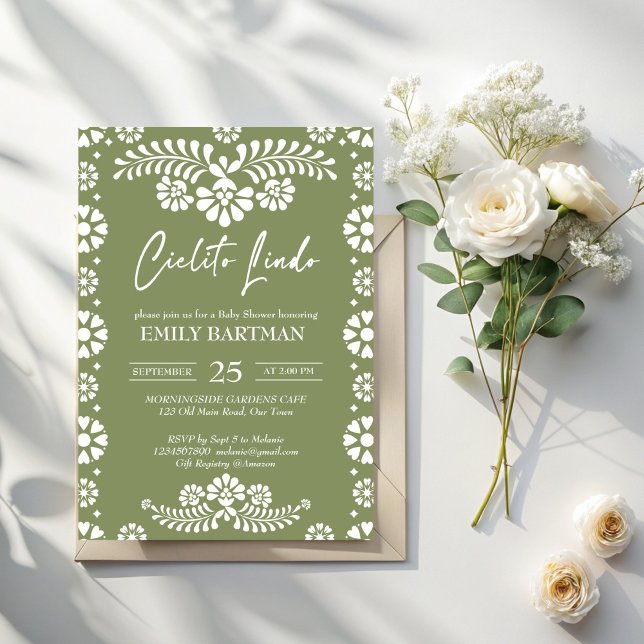Convite Cielito lindo sábio verde chá de fraldas mexicano (Cielito lindo sage green Mexican fiesta papel picado baby shower Invitation template)