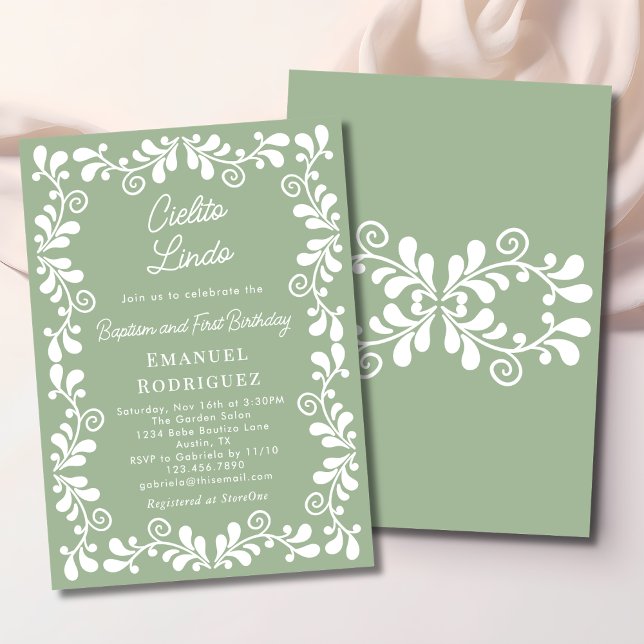 Convite Cielito Lindo Sage Green Baptism & First Birthday (Criador carregado)