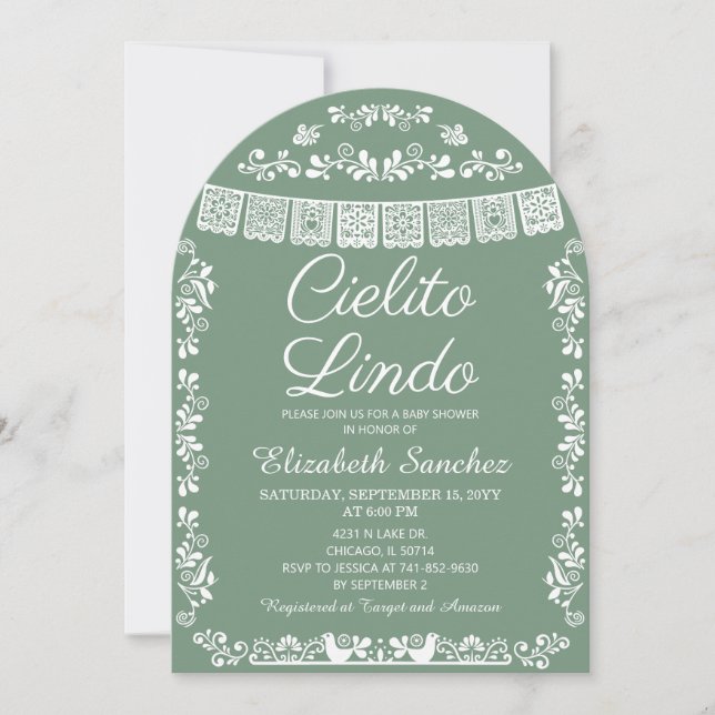 Convite Cielito Lindo Verde Sage Papel Picado Chá de Bebê (Frente)