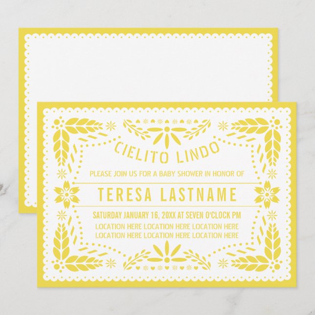 Convite Cielito papel picado chá de fraldas mexicano (Frente/Verso)