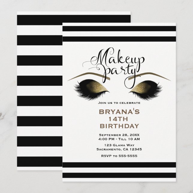 Convite Cílios de Maquiagem Glam Gold Personalizados Festa (Frente/Verso)