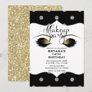Convite Cílios de Maquiagem Pontos Prata e Dourado Festa d