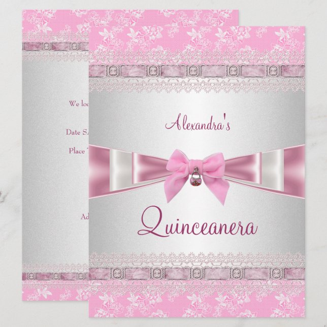 Convite Cinceanera 15 Festa de aniversário rosa branco cor (Frente/Verso)