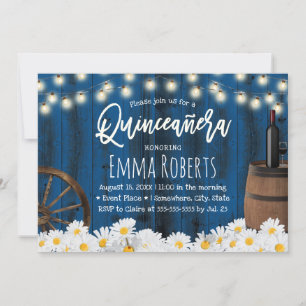 Convite Cinceanera Rustic Daisers Barrel Marinho Azul