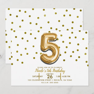 Convite CINCO 5 5º Balão Dourado & Confetes Festa de Anive