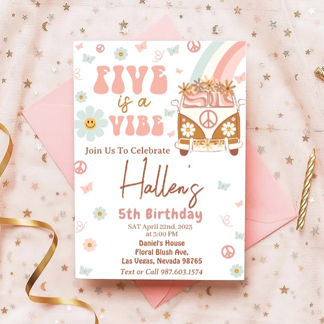 Convite Cinco a Vibe Groovy Retro Rainbow 5 Aniversário (Criador carregado)