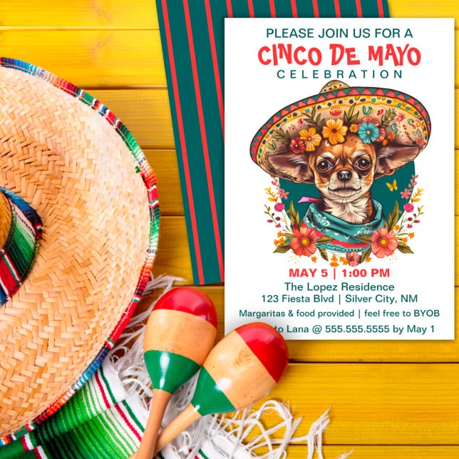 Convite Cinco de Mayo Chihuahua Vestindo Sombrero & Serape (Criador carregado)