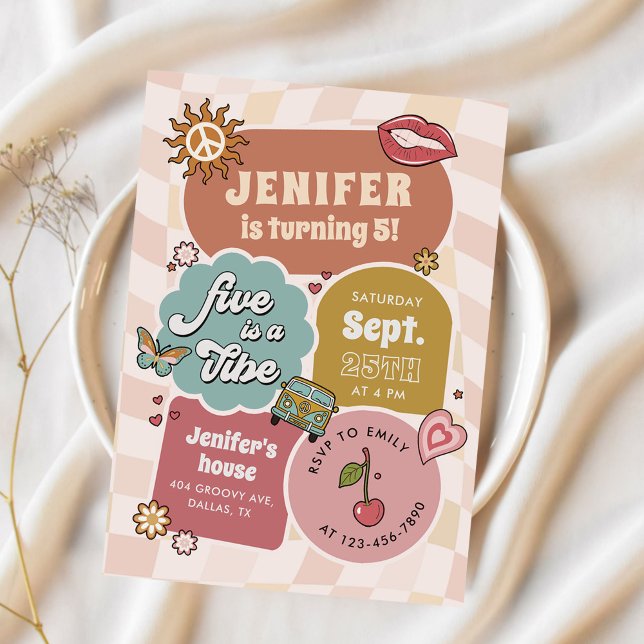 Convite Cinco É Um Aniversário De 5 Retro-Daisy Retro-Groo (Criador carregado)