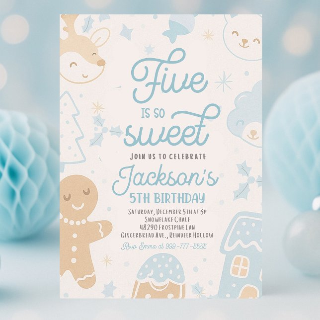 Convite Cinco É Um Par De Aniversário De Biscoito De Natal (Five Is So Sweet boy Christmas cookie birthday party with festive holiday décor, colorful cookies, a)