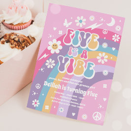 Convite Cinco É Um Vibe Groovy Hippie Rainbow 5 Aniversári