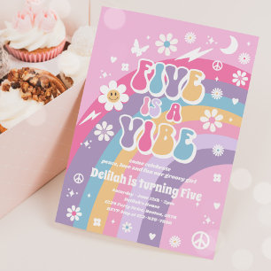 Convite Cinco É Um Vibe Groovy Hippie Rainbow 5 Aniversári