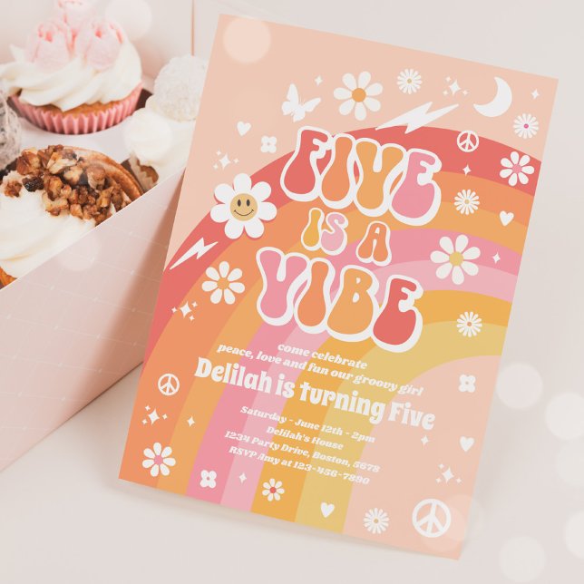 Convite Cinco É Um Vibe Groovy Hippie Rainbow 5 Aniversári (Criador carregado)