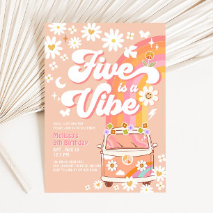 Convite Cinco é uma vibe menina rosa pêssego groovy 5º ani