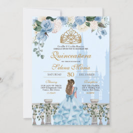 Convite Cinderela Azul com a Princesa Floral Dourada Quinc