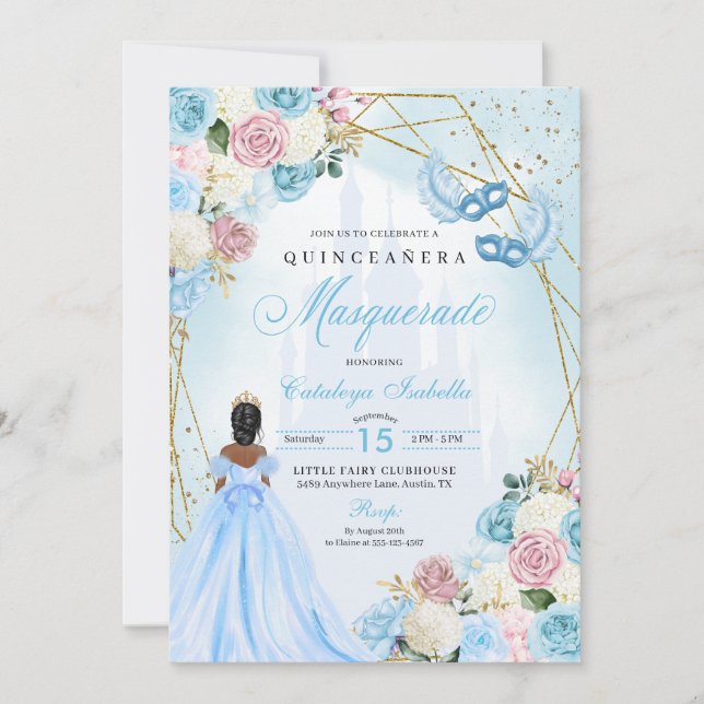 Convite Cinderela Azul Cor-de-Rosa Mascarada Quinceanera (Frente)