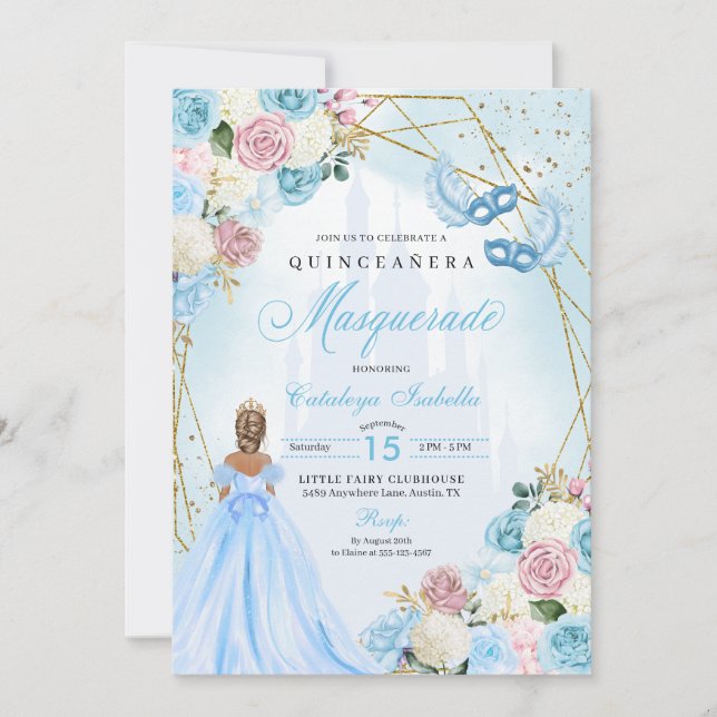 Convite Cinderela Azul Cor-de-Rosa Mascarada Quinceanera (Frente)
