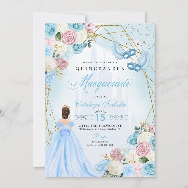 Convite Cinderela Azul Cor-de-Rosa Mascarada Quinceanera (Frente)