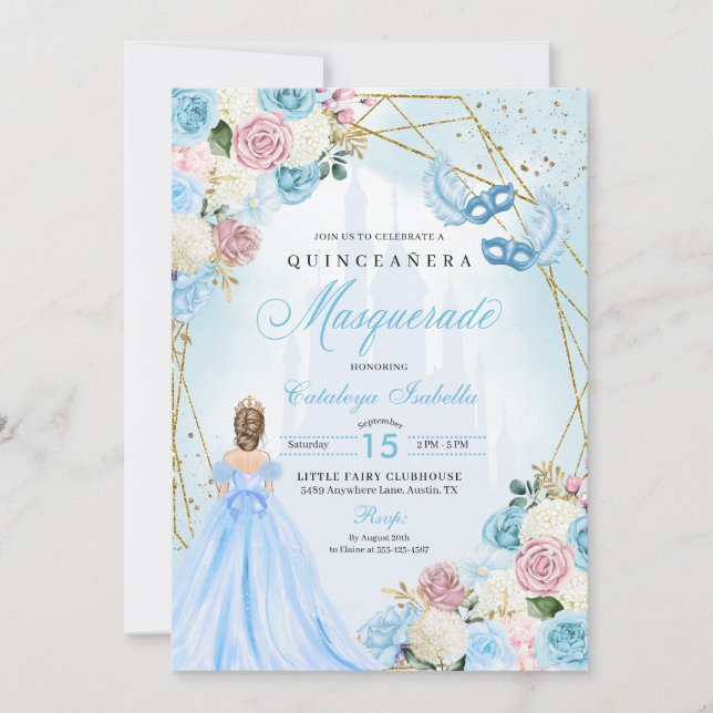 Convite Cinderela Azul Cor-de-Rosa Mascarada Quinceanera (Frente)