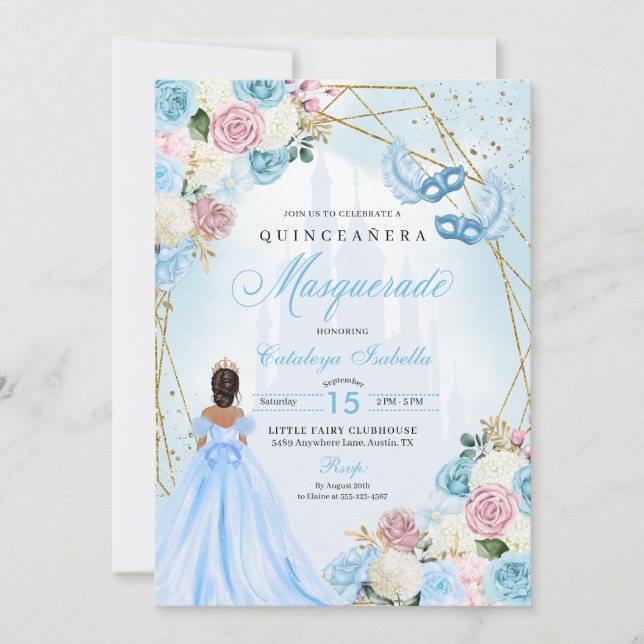 Convite Cinderela Azul Cor-de-Rosa Mascarada Quinceanera (Frente)