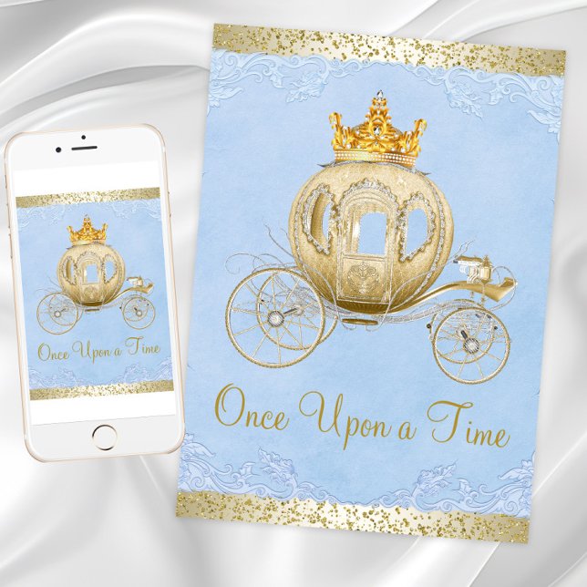 Convite Cinderela Azul Era Uma Vez Na Época Princesa Anive (Cinderella birthday party invitation with gold carriage on a blue and gold background. Any occasion.)