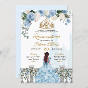 Convite Cinderela Azul Floral Dourada Princesa Quinceanera