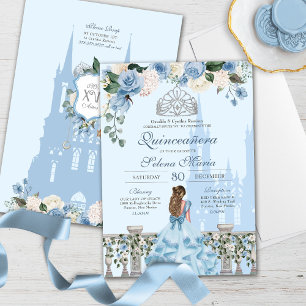 Convite Cinderela Azul Prata Floral Princesa Quinceanera