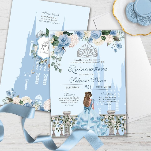 Convite Cinderela Azul Prata Floral Princesa Quinceanera (Criador carregado)