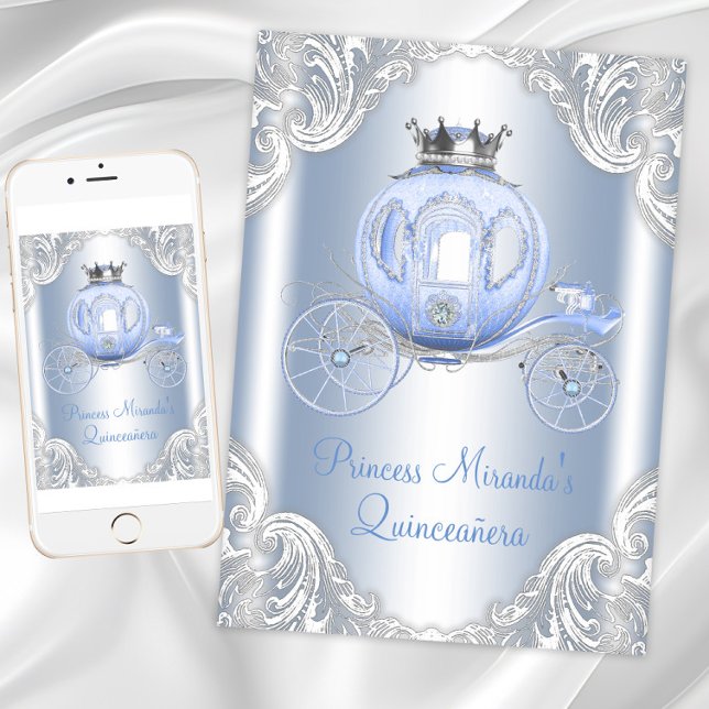 Convite Cinderela Azul Princesa de Quinze Anos Prata (Cinderella princess birthday party invitation. Digital download and printed invitations available.)