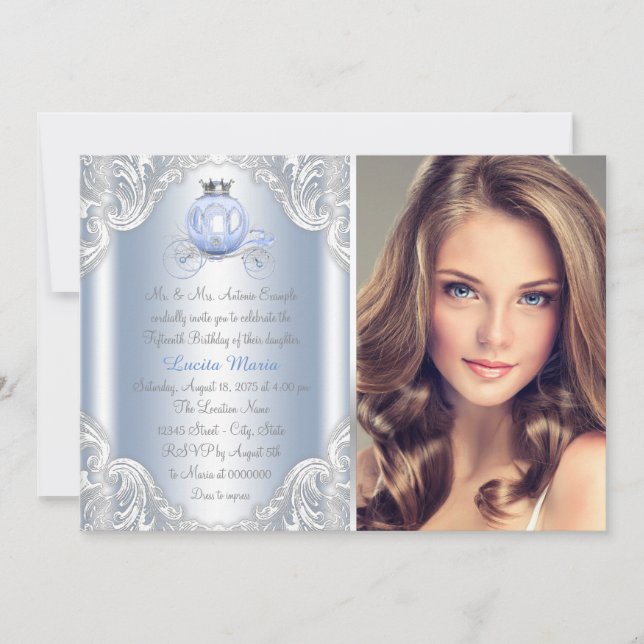 Convite Cinderela Azul Princesa Quinceanera (Frente)