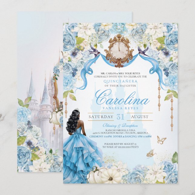 Convite Cinderela Blue Elegante Princesa Real Quinceanera (Frente/Verso)