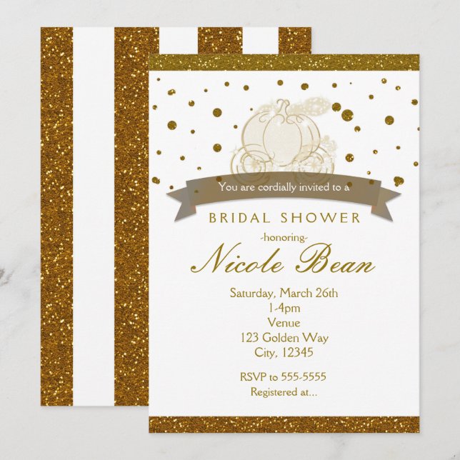 Convite Cinderela Carruagem Pontos Brilhantes Dourados Con (Frente/Verso)