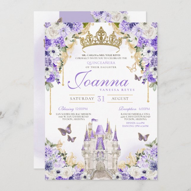 Convite Cinderela Lavanda Purple Princess Quinceanera (Frente/Verso)