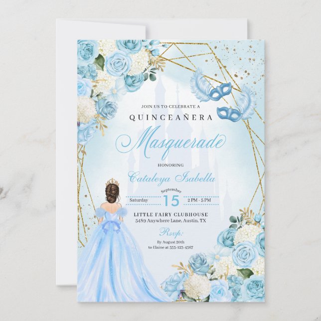 Convite Cinderela Mascarada Quinceanera Azul (Frente)
