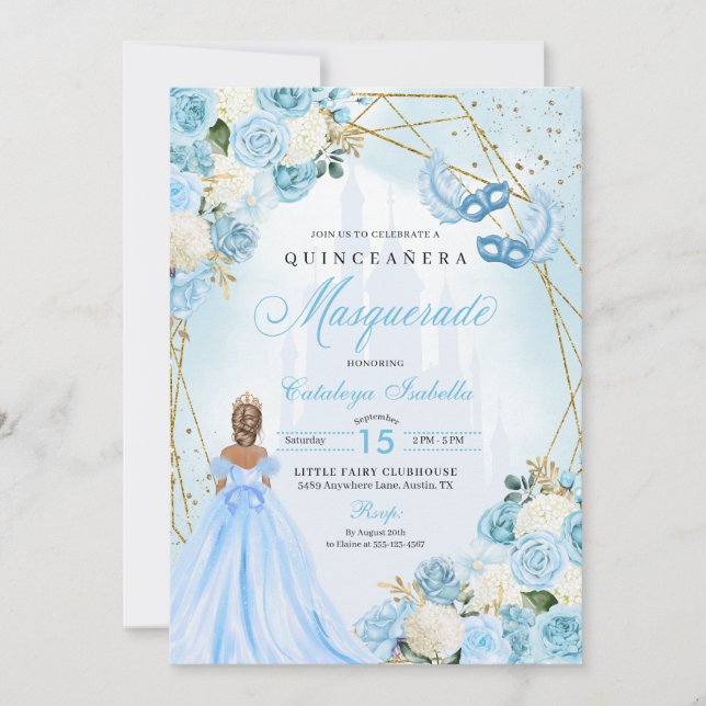 Convite Cinderela Mascarada Quinceanera Azul (Frente)