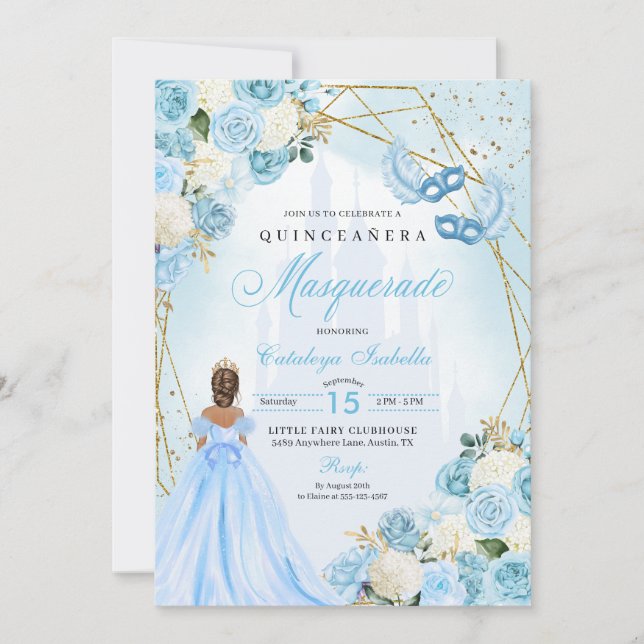Convite Cinderela Mascarada Quinceanera Azul (Frente)