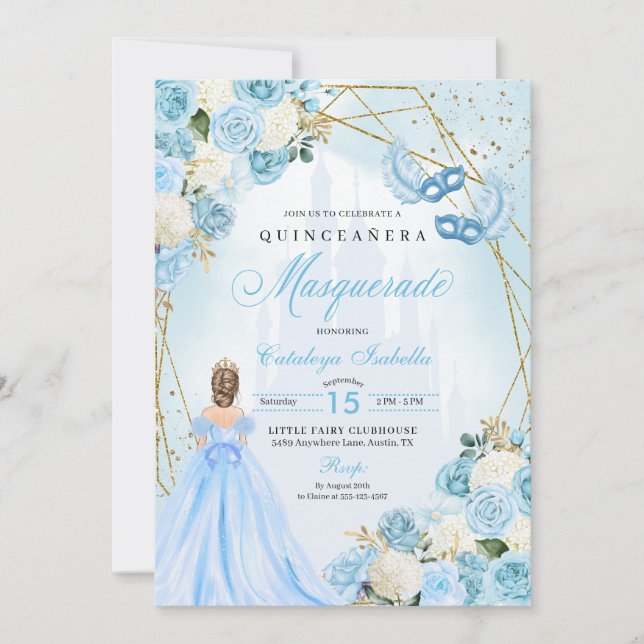 Convite Cinderela Mascarada Quinceanera Azul (Frente)