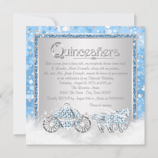 Convite Cinderela Princesa Azul Prata Quinceanera (Frente)