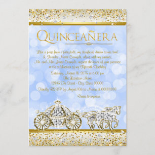 Convite Cinderela Princesa Blue Gold Quinceanera