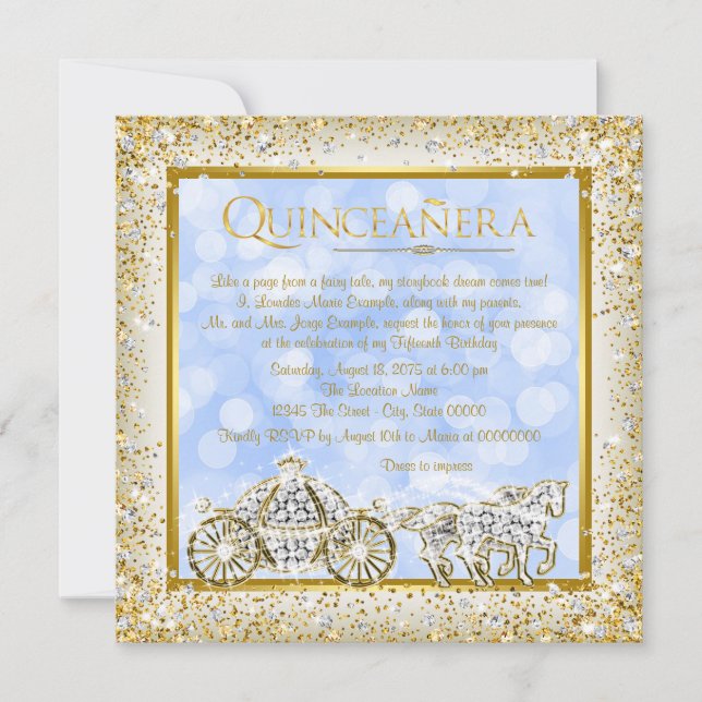 Convite Cinderela Princesa Quinceanera Azul Dourado (Frente)