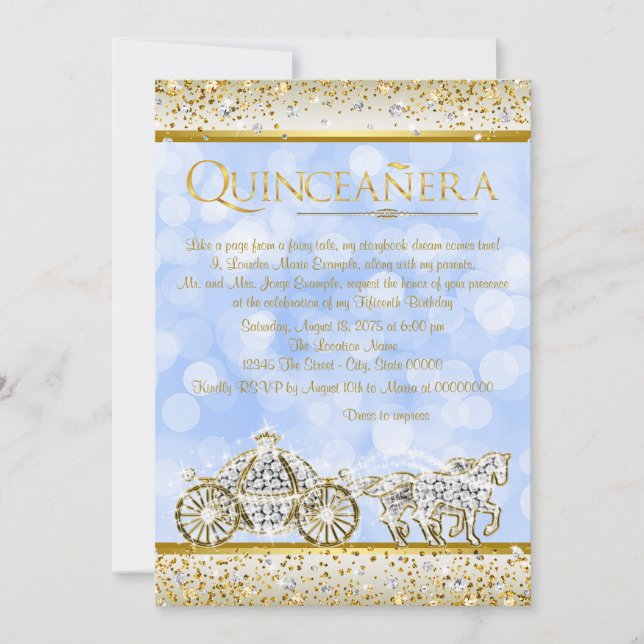 Convite Cinderela Princesa Quinceanera Azul Dourado (Frente)