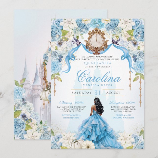Convite Cinderela Quinceañera Azul, Luxo Dourado Aniversár (Frente/Verso)