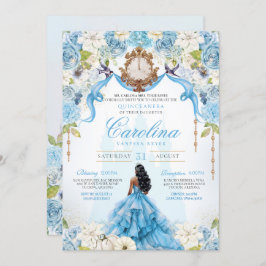 Convite Cinderela Quinceañera Azul, Luxo Dourado Aniversár