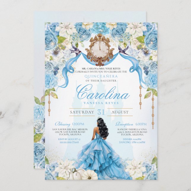 Convite Cinderela Quinceañera Azul, Luxo Dourado Aniversár (Frente/Verso)